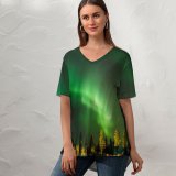 yanfind V Neck T-shirt for Women Aurora Borealis Aurora Sky Night Summer Top  Short Sleeve Casual Loose