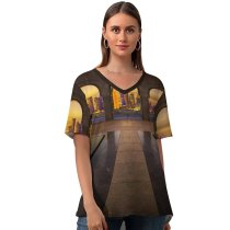 yanfind V Neck T-shirt for Women Nicolas Kamp Art Doha Qatar Arches City Lights Exposure City Skyscrapers HDR Summer Top  Short Sleeve Casual Loose