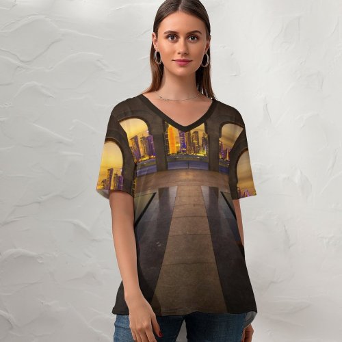 yanfind V Neck T-shirt for Women Nicolas Kamp Art Doha Qatar Arches City Lights Exposure City Skyscrapers HDR Summer Top  Short Sleeve Casual Loose