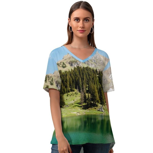 yanfind V Neck T-shirt for Women Gantrischseeli Lake Pine Trees Spring Reflection Mountain Peak Switzerland Summer Top  Short Sleeve Casual Loose