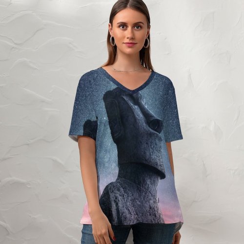 yanfind V Neck T-shirt for Women Grafixart Moai Statue Easter Island Ancient Architecture Starry Sky Sunset Dawn Heritage Summer Top  Short Sleeve Casual Loose