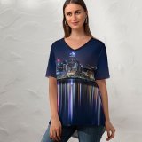 yanfind V Neck T-shirt for Women Auckland Cityscape Night City Lights Reflection Urban Zealand Summer Top  Short Sleeve Casual Loose
