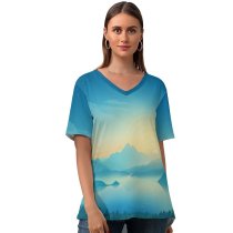yanfind V Neck T-shirt for Women Coyle Lakeside Sunrise Early Morning Minimal Art Gradient Landscape Scenic Panorama Summer Top  Short Sleeve Casual Loose