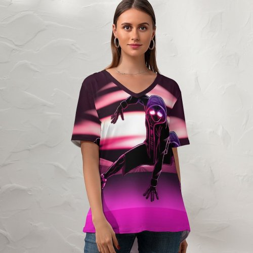 yanfind V Neck T-shirt for Women Dharmendra Sky Graphics CGI Miles Morales SpiderMan Neon Summer Top  Short Sleeve Casual Loose