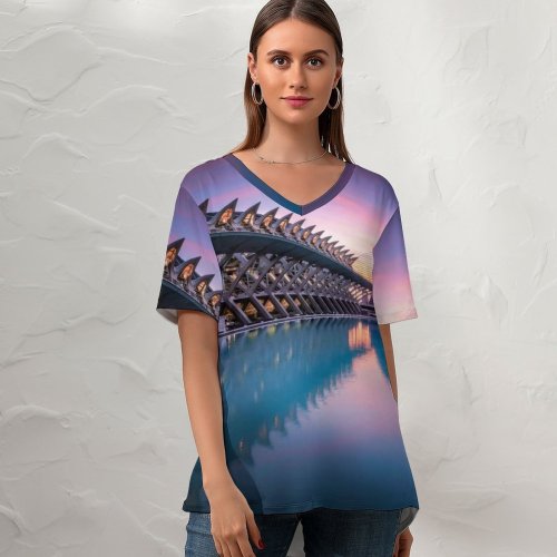 yanfind V Neck T-shirt for Women William Warby City Sciences Valencia Spain Sunrise Pool Reflection Architecture Summer Top  Short Sleeve Casual Loose