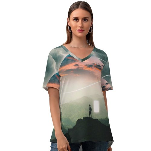 yanfind V Neck T-shirt for Women Thiago Garcia Fantasy Alone Surreal Planet Landscape Dream Summer Top  Short Sleeve Casual Loose
