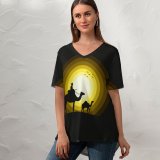 yanfind V Neck T-shirt for Women Suryapraveen Dark Minimal Camels Sun Silhouette Summer Top  Short Sleeve Casual Loose