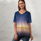 yanfind V Neck T-shirt for Women Sunset Beach Beautiful Scenery Ocean Clear Sky Horizon Seascape Summer Top  Short Sleeve Casual Loose