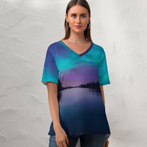 yanfind V Neck T-shirt for Women Dominic Kamp Bannalpsee Switzerland Aurora Borealis Starry Sky Landscape Mountains Silhouette Astronomy Summer Top  Short Sleeve Casual Loose
