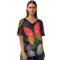 yanfind V Neck T-shirt for Women Butterfly Stones Colorful Focus Pebbles Summer Top  Short Sleeve Casual Loose