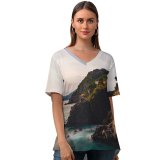 yanfind V Neck T-shirt for Women MatteoRipamonti Riomaggiore Villiage Sunset Cliff Ocean Rocky Coast Italy Summer Top  Short Sleeve Casual Loose