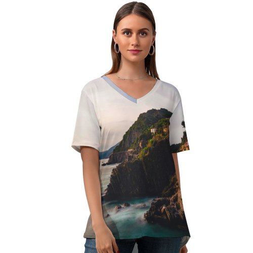 yanfind V Neck T-shirt for Women MatteoRipamonti Riomaggiore Villiage Sunset Cliff Ocean Rocky Coast Italy Summer Top  Short Sleeve Casual Loose