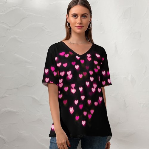 yanfind V Neck T-shirt for Women Love Hearts Bokeh Glowing Lights Vibrant Blurred Heart Valentines Love Heart Summer Top  Short Sleeve Casual Loose