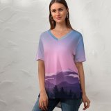 yanfind V Neck T-shirt for Women RmRadev Moon Evening Sky Mountains Forest Silhouette Summer Top  Short Sleeve Casual Loose