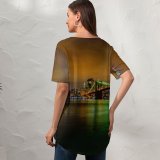yanfind V Neck T-shirt for Women Tom Gainor Brooklyn Bridge York Cityscape City Lights Night Time Reflection Exposure Summer Top  Short Sleeve Casual Loose