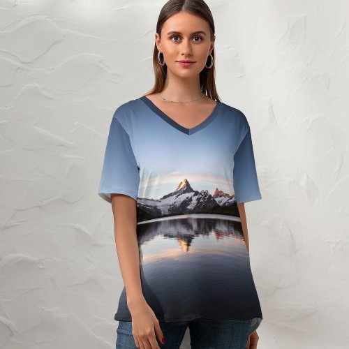 yanfind V Neck T-shirt for Women Gerard Sunrise Morning Bachalpsee Lake Reflections Switzerland Summer Top  Short Sleeve Casual Loose