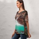 yanfind V Neck T-shirt for Women Joshua Woroniecki River Stream Cliffs Trees Rocks Summer Top  Short Sleeve Casual Loose