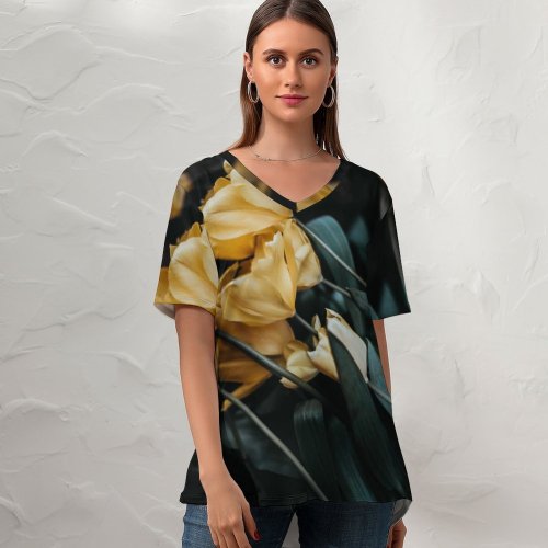 yanfind V Neck T-shirt for Women Arrangement Bouquet Floral Flor Flora Stem Naturaleza Wallpapers Plant Amarilla Tulip Summer Top  Short Sleeve Casual Loose