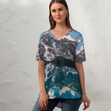yanfind V Neck T-shirt for Women Glen Sinclair Moraine Lake Canada Reflection Sunset Landscape Mountain Peaks Snow Scenic Summer Top  Short Sleeve Casual Loose