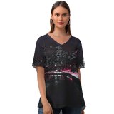 yanfind V Neck T-shirt for Women Matteo Catanese Black Dark York City Manhattan Traffic Lights Light Trails Night Summer Top  Short Sleeve Casual Loose