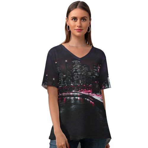 yanfind V Neck T-shirt for Women Matteo Catanese Black Dark York City Manhattan Traffic Lights Light Trails Night Summer Top  Short Sleeve Casual Loose