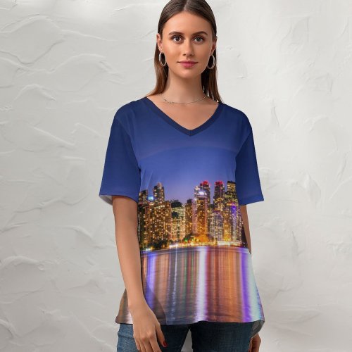 yanfind V Neck T-shirt for Women Harrison Haines Toronto Skyscrapers Canada Cityscape Night Lights Waterfront Dusk Reflections Architecture Summer Top  Short Sleeve Casual Loose