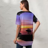 yanfind V Neck T-shirt for Women Beach Silhouette Cave Surfboard Sea Ocean Purple Sky Sunset Summer Top  Short Sleeve Casual Loose