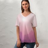 yanfind V Neck T-shirt for Women Meiying Ng Cityscape Urban Foggy Sunrise Skyscrapers Summer Top  Short Sleeve Casual Loose