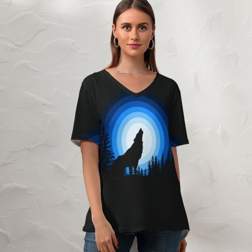 yanfind V Neck T-shirt for Women Suryapraveen Dark Minimal Wolf Howling Silhouette Summer Top  Short Sleeve Casual Loose