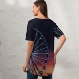 yanfind V Neck T-shirt for Women Black Dark Ferris Wheel Silhouette Sunset Neon Lights Amusement Park Purple Sky Summer Top  Short Sleeve Casual Loose