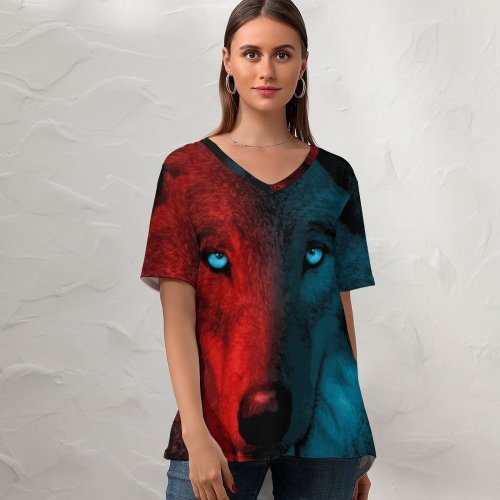 yanfind V Neck T-shirt for Women Wolf Scary Gradient Dark Summer Top  Short Sleeve Casual Loose