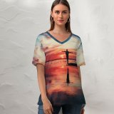 yanfind V Neck T-shirt for Women High Stress Life Freedom Landscape Relaxed Passionate Sky Wallpapers Free Energy Summer Top  Short Sleeve Casual Loose