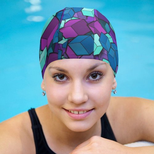 yanfind Swimming Cap Abstract Cubes Colorful Patterns Elastic,suitable for long and short hair