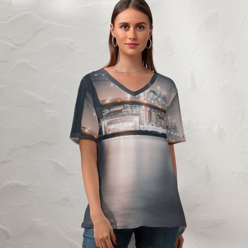 yanfind V Neck T-shirt for Women Lerone Pieters Brooklyn Bridge Night City Lights Cityscape Reflections Hudson River Brooklyn Summer Top  Short Sleeve Casual Loose