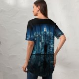 yanfind V Neck T-shirt for Women Dominic Kamp Black Dark York City Cityscape City Lights Reflection Skyscrapers Night Summer Top  Short Sleeve Casual Loose