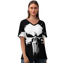 yanfind V Neck T-shirt for Women TheGoldenBox Dark Minimal Punisher Marvel Comics Skull Summer Top  Short Sleeve Casual Loose