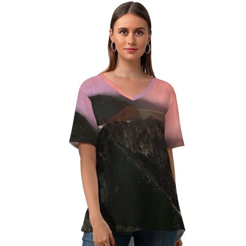 yanfind V Neck T-shirt for Women Lowe Rehnberg Bixby Creek Bridge California Sunset Sky Big Sur Coastline Foggy Summer Top  Short Sleeve Casual Loose