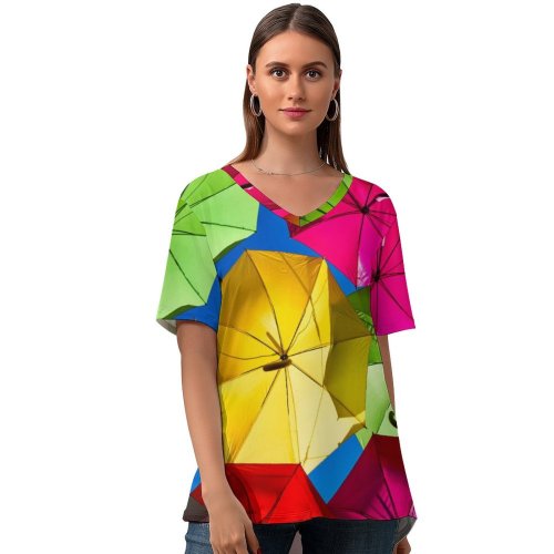 yanfind V Neck T-shirt for Women Romain Guy Umbrellas Street Festival Colorful Sky Rainbow Summer Top  Short Sleeve Casual Loose
