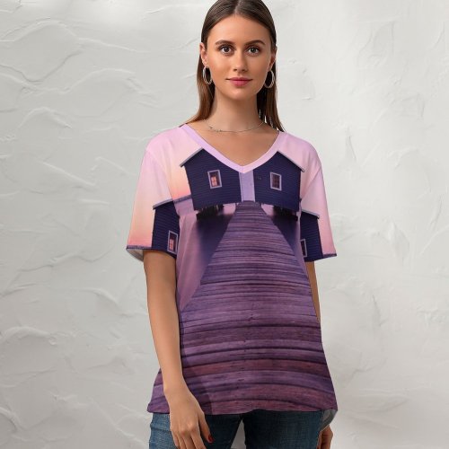 yanfind V Neck T-shirt for Women Destin Boathouse Sunrise River Morning Seascape Purple Wooden Pier Deck Winter Summer Top  Short Sleeve Casual Loose