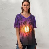 yanfind V Neck T-shirt for Women B Sunrise Silhouette Purple Sky Plants Dusk Blurred Summer Top  Short Sleeve Casual Loose