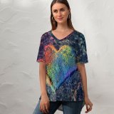 yanfind V Neck T-shirt for Women Sharon McCutcheon Love Heart Rainbow Colorful Chalk Dust Summer Top  Short Sleeve Casual Loose