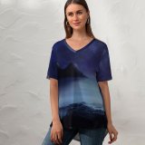 yanfind V Neck T-shirt for Women Dorothe Fantasy Moon Starry Sky Sea Rocks Night Dark Summer Top  Short Sleeve Casual Loose