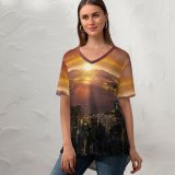 yanfind V Neck T-shirt for Women Anek Suwannaphoom Hong Kong Cityscape Sunrise City Lights Summer Top  Short Sleeve Casual Loose