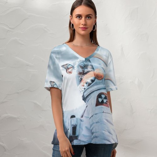 yanfind V Neck T-shirt for Women Comfreak Radioactive Suit Butterfly Science Clouds Sky Reflection Nuclear Summer Top  Short Sleeve Casual Loose