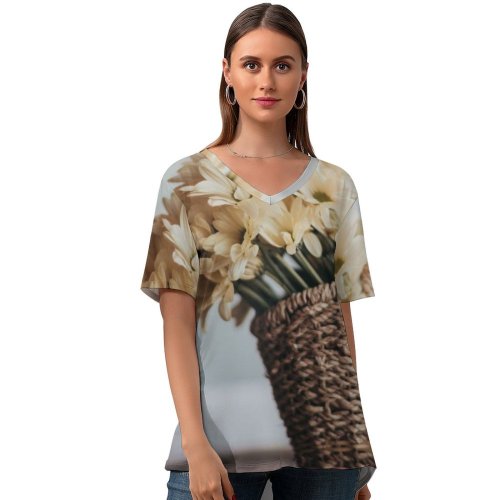 yanfind V Neck T-shirt for Women Arrangement Bouquet Floral Life Basket Petal Flowers Wallpapers Plant Fruits Free Summer Top  Short Sleeve Casual Loose