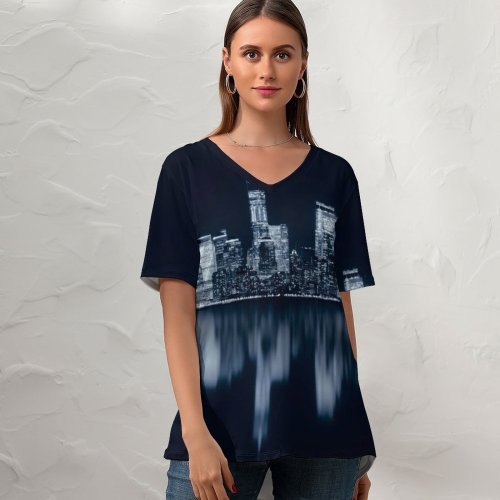 yanfind V Neck T-shirt for Women GoMustang Black Dark York City Night Cityscape City Lights Reflections Dark Summer Top  Short Sleeve Casual Loose
