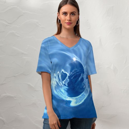 yanfind V Neck T-shirt for Women Wave Resources Electric Cobalt Sky Vortex Liquid Summer Top  Short Sleeve Casual Loose