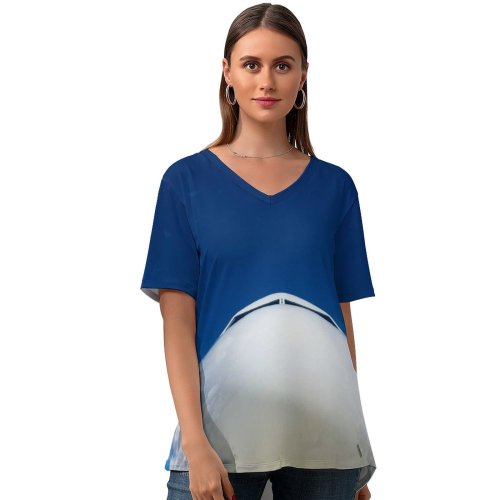 yanfind V Neck T-shirt for Women Flora Airship Sky Grass Wallpapers Plant Outdoors Free Aircraft Pictures Transportation Summer Top  Short Sleeve Casual Loose
