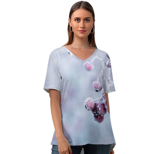 yanfind V Neck T-shirt for Women Christmas Flora Frost Snow Twig Wallpapers Plant Outdoors Garden Free Winter Summer Top  Short Sleeve Casual Loose