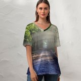 yanfind V Neck T-shirt for Women Forest Path Trees Outdoor Woods Sunlight Summer Top  Short Sleeve Casual Loose